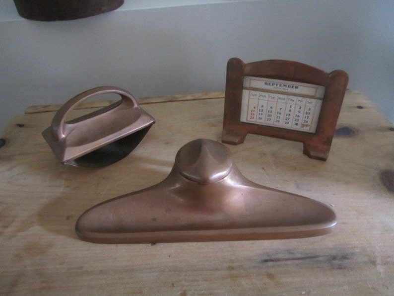 Wonderful Copper Desk Set Blotter Inkwell Calendar Office Arts And Crafts Era Mission B10