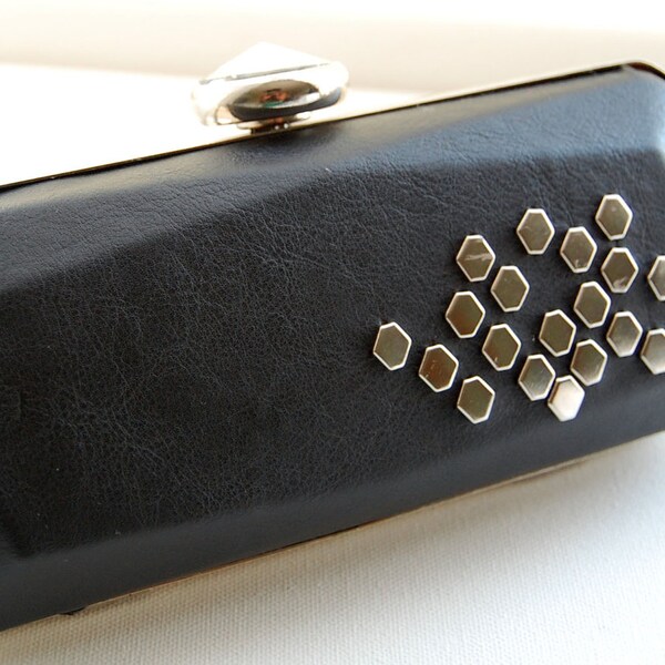 The 'Bea' Clutch Purse - Black Vegan Leather,Geo Silver Studs, Rhinestone clasp,  African print lining