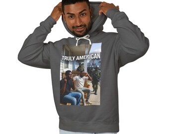 NEW* *Truly American Brand* peace photo printed Hoodie | patriotic flag text logo on back