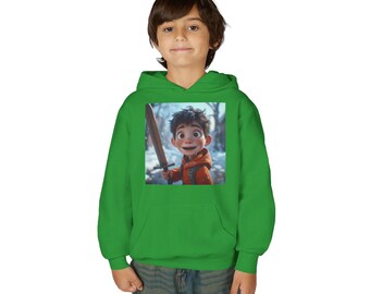 Boy with Stick Sword PIXAL ART Youth gamer Hoodie | Winter Adventure Character Sweatshirt