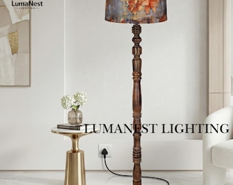 Handcrafted wood floor lamp with Floral Print Shade - Modern Tall Standing lamp for Living Room, Boho Home Decor, stehlampe