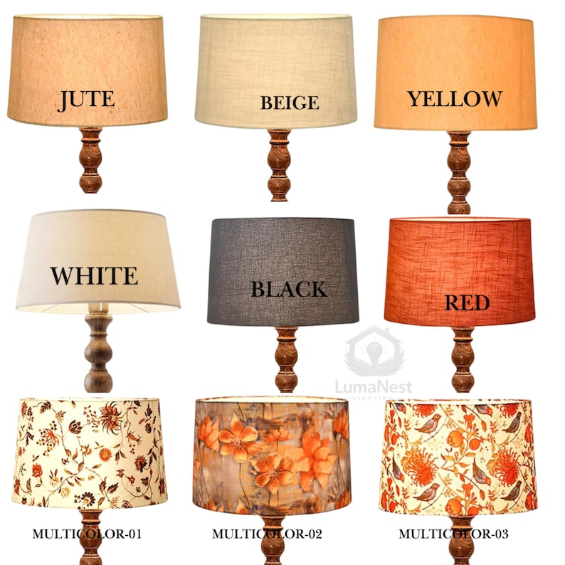 May include: Nine lamps with wooden bases and various shades. The shades are labeled: JUTE, BEIGE, YELLOW, WHITE, BLACK, RED, MULTICOLOR-01, MULTICOLOR-02, and MULTICOLOR-03. The lampshades have different colors and patterns.