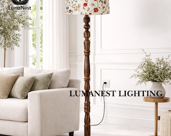 Rustic Wooden Floor Lamp Walnut Brown | Floral Fabric Lampshade | Vintage Antique Standing Lamp | Living Room Bedroom Corner Light Decor