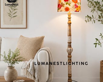 Luminária de chão floral boho esculpida à mão | Luminária de chão rústica em madeira esculpida | Luminária decorativa boho para casa | Luminária estilo fazenda | Luminária de chão