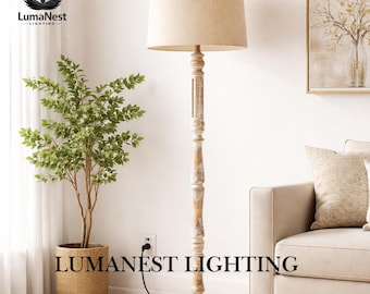 Rustic Wood Floor Lamp | Wooden Standing Light with Fabric lampshade