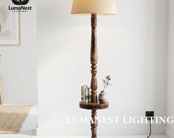 Handcrafted Black Walnut Floor Lamp with Shelf, Mid Century Modern Standing Light