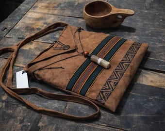 Handmade Suede Sling Bag – Ethnic Tribal Crossbody, Unisex Boho Indonesian Artisan Bag