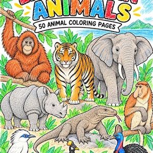 May include: A colouring book cover titled INDONESIAN ANIMALS 50 ANIMAL COLOURING PAGES featuring a colourful illustration of an orangutan, tiger, elephant, rhinoceros, Komodo dragon, proboscis monkey, Bali myna, maleo bird, and a cassowary.