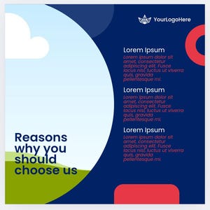 May include: A promotional graphic with a blue and white background, featuring the text "Reasons why you should choose us." The design includes placeholder text and a logo in the upper right corner.