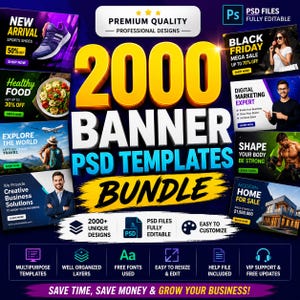 Peut inclure: Un ensemble numérique de 2000 modèles de bannières PSD avec un grand titre jaune et blanc. Le graphique présente divers exemples promotionnels incluant chaussures de sport, nourriture, voyage, affaires, mode, marketing, fitness et immobilier.