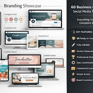 May include: A digital marketing showcase featuring various social media templates displayed on smartphones, tablets, and laptops. The image includes the text "Branding Showcase" and "60 Business Corporate Social Media Templates".