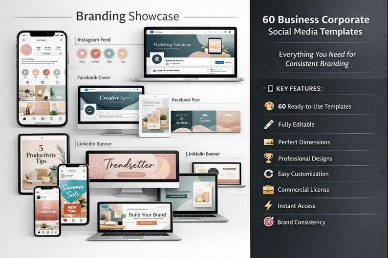 May include: A digital marketing showcase featuring various social media templates displayed on smartphones, tablets, and laptops. The image includes the text "Branding Showcase" and "60 Business Corporate Social Media Templates".