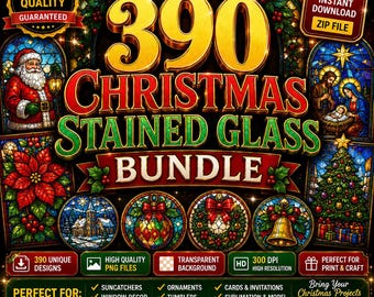 Paquete de 390 vidrieras navideñas, paquete PNG de atrapasoles navideños, diseños de vidrieras navideñas, decoración de ventanas, descarga digital instantánea.