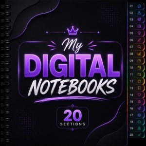 May include: A digital notebook with a black cover and a spiral binding. The words "My DIGITAL NOTEBOOKS" are displayed in a vibrant purple and white font. The notebook has 20 sections, indicated at the bottom.