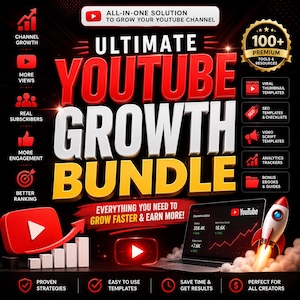 May include: A promotional graphic for a YouTube growth bundle. The image features the words "ULTIMATE YOUTUBE GROWTH BUNDLE" in large, bold letters. Additional text includes "Everything you need to grow faster & earn more!" and icons for channel growth, views, subscribers, and engagement.