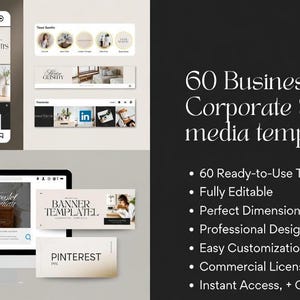May include: A digital marketing graphic featuring mockups of Instagram, Facebook, and Pinterest social media templates. The image also includes the text "60 Business Corporate Social media templates". The templates are ready-to-use, fully editable, and have perfect dimensions.