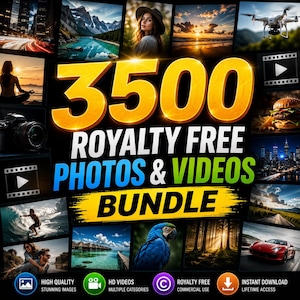 Könnte beinhalten: Eine digitale Grafik mit dem Text 3500 ROYALTY FREE PHOTOS & VIDEOS BUNDLE, umgeben von einer Collage verschiedener Bilder, darunter Landschaften, eine Person, eine Drohne, eine Kamera, ein Burger, ein Surfer, ein Papagei und ein roter Sportwagen.