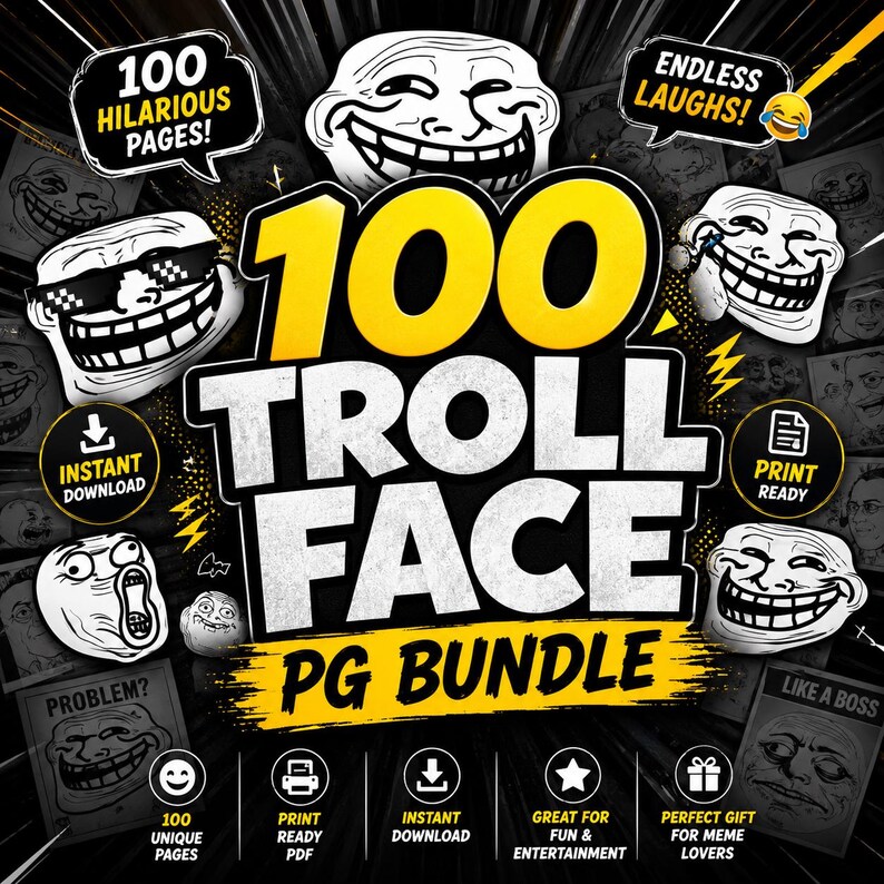 Trollface First Design 100 Troll Face PNG Bundle Funny Meme Faces, Troll Stickers & Viral ...