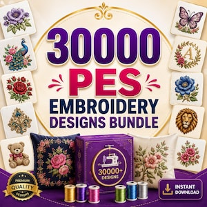 Puede incluir: Un paquete digital de 30000 diseños de bordado PES que presenta una caja morada con un gráfico de máquina de coser, rodeado de varios patrones florales, animales y decorativos en azulejos cuadrados, con seis carretes de hilo de colores.