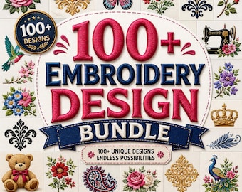May include: A digital collection of 100+ embroidery designs featuring a central title in red and blue text. The surrounding imagery includes various floral patterns, a butterfly, a teddy bear, a sewing machine, a crown, and a peacock.