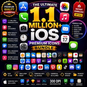 May include: A digital graphic advertisement for a 1.1 million plus iOS premium icon bundle. The image features various colourful app icons, bold gold and white text, and lists features like high quality PNG images and instant download.