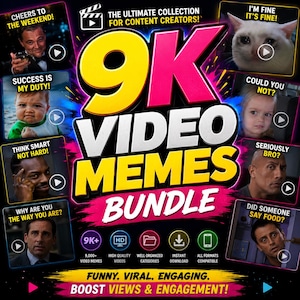 May include: A digital graphic advertisement for a 9K Video Memes Bundle. The central text reads 9K VIDEO MEMES BUNDLE. Surrounding the text are eight small square panels featuring various popular internet memes and captions like Cheers to the Weekend.