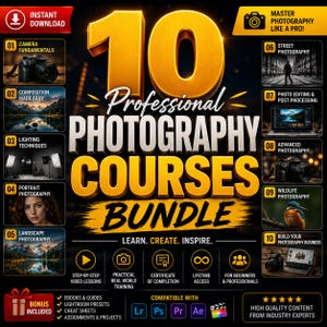 以下が含まれることがあります： 10のプロ向け写真コースバンドルのデジタルグラフィック。テキストには「Master Photography Like a Pro」、「Learn, Create, Inspire」が含まれ、カメラの基礎から写真ビジネスの構築まで10のモジュールが記載されています。
