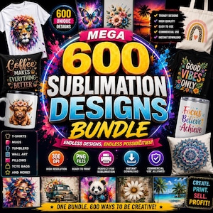 Puede incluir: Un gráfico promocional digital para un paquete de 600 diseños de sublimación, con un título central en texto amarillo y azul en negrita. La imagen muestra varios ejemplos de artículos impresos, incluyendo camisetas, tazas, almohadas y bolsas.