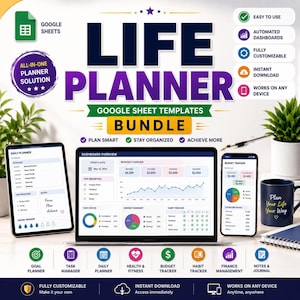 May include: A digital product bundle featuring Google Sheet templates for a life planner. The image shows a tablet, laptop, and smartphone displaying planner dashboards. Includes goal, task, daily, health, budget, habit, finance, and notes trackers.