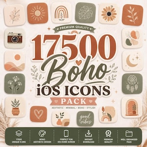 Könnte beinhalten: Eine digitale Sammlung von 17500 Boho iOS-Icons, bestehend aus verschiedenen quadratischen App-Symbolen mit Illustrationen von Pflanzen, Sonnen, Regenbögen, Monden, Kameras und Herzen in Erdtönen wie Terrakotta, Salbeigrün und Creme mit Text.