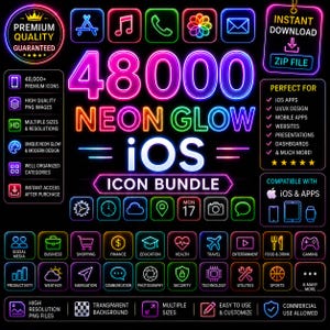 May include: A digital graphic display featuring 48,000 neon glow iOS icons in a bundle. The image includes various app symbols, text labels, and feature lists against a black background, showcasing vibrant multi-colored neon outlines and text.