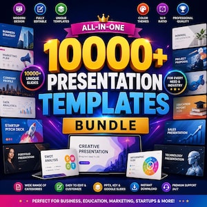 May include: A promotional graphic for a presentation template bundle. The design features the text "10000+ Presentation Templates Bundle" in large, bold letters. Additional text highlights features like "Fully Editable" and "Instant Download". The color scheme includes blue, yellow, and white.