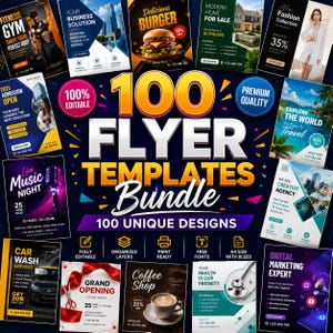 Puede incluir: Una colección digital de 100 plantillas de folletos con diversos diseños gráficos para empresas, eventos y servicios. El texto central dice 100 FLYER TEMPLATES Bundle 100 UNIQUE DESIGNS, rodeado de miniaturas de materiales de marketing.