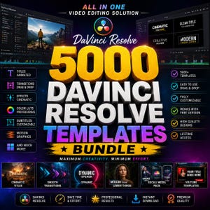 May include: A digital promotional graphic for a DaVinci Resolve 5000 templates bundle. The text reads ALL IN ONE VIDEO EDITING SOLUTION, 5000 DAVINCI RESOLVE TEMPLATES BUNDLE, and MAXIMUM CREATIVITY. MINIMUM EFFORT. It features software interface previews.