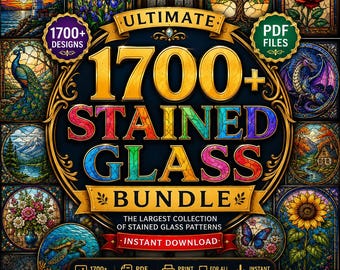 May include: A digital collection of 1700+ stained glass patterns in PDF format. The central text reads ULTIMATE 1700+ STAINED GLASS BUNDLE. Surrounding the text are various circular stained glass illustrations including a lighthouse, peacock, and rose.