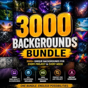 Può includere: Una pubblicità di prodotto digitale con il testo 3000 BACKGROUNDS BUNDLE in grandi lettere dorate e bianche. Lo sfondo è un collage di varie immagini sceniche, astratte e spaziali. Il testo include 3000+ UNIQUE BACKGROUNDS FOR EVERY PROJECT & EVERY NEED! e ONE BUNDLE. ENDLESS POSSIBILITIES. con cinque icone circolari in basso.