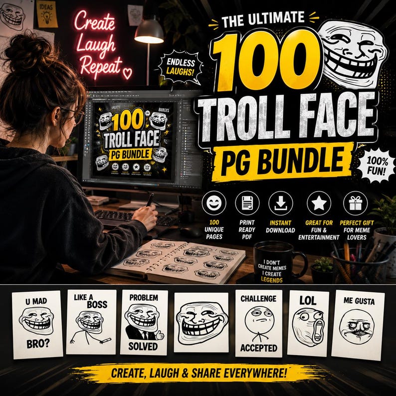 100 Troll Face PNG Bundle Funny Meme Faces, Troll Stickers & Viral ...