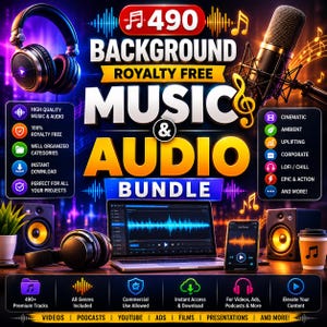 Op de afbeelding: Een digitale promotieafbeelding voor een bundel van 490 rechtenvrije achtergrondmuziek en audio. De afbeelding toont een koptelefoon, microfoon, studiomonitors, een laptop met een geluidsgolf en een smartphone, inclusief tekst met kenmerken.
