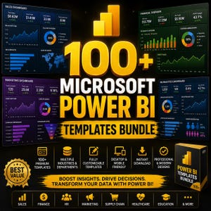 Pacote com mais de 100 modelos do Microsoft Power BI: modelos de painéis de negócios, relatórios analíticos de vendas, finanças e RH para download imediato.
