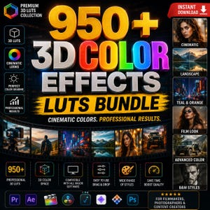 May include: A digital product advertisement for a 950+ 3D color effects LUTs bundle. The graphic features bold, multi-colored 3D text, a film strip showcasing various cinematic photo examples, and icons representing software compatibility and features.