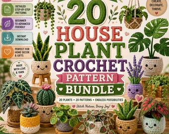 Pacote com 20 padrões de crochê de plantas de interior, incluindo amigurumi, plantas de crochê fofas e tutorial para iniciantes. Download instantâneo.