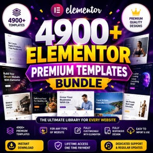May include: A digital product bundle advertisement featuring the text 4900+ ELEMENTOR PREMIUM TEMPLATES BUNDLE. The graphic displays various website design previews, icons for features like instant download, lifetime access, and dedicated support.