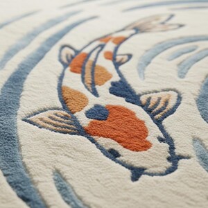 May include: Close-up of a cream-colored textile featuring a koi fish design. The fish is depicted in shades of orange, blue, and cream, with blue water wave patterns surrounding it. The design has a textured, embroidered appearance.