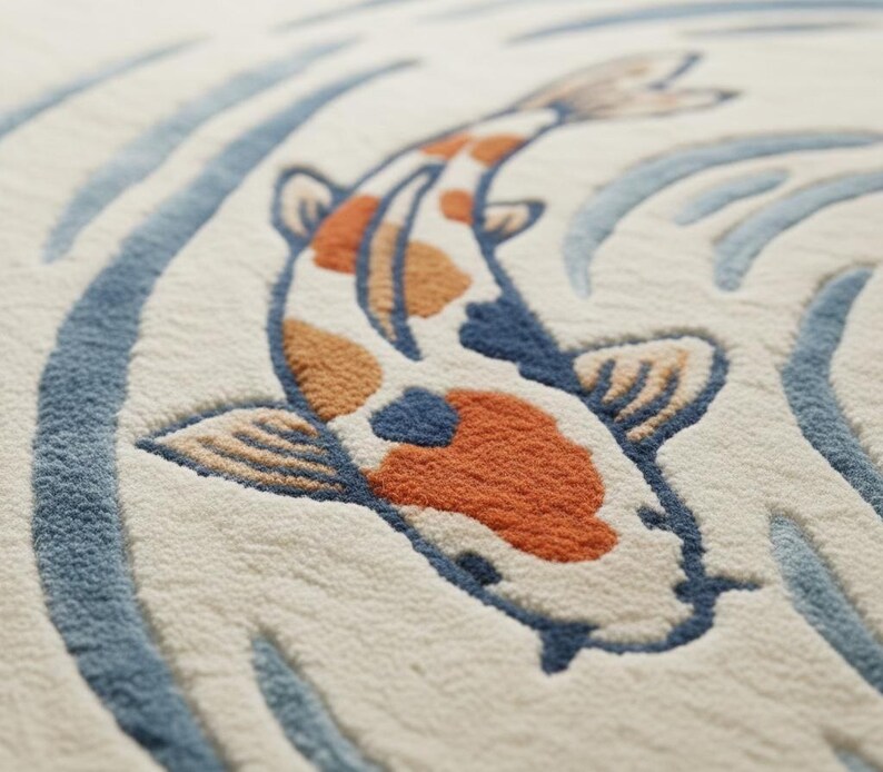 May include: Close-up of a cream-colored textile featuring a koi fish design. The fish is depicted in shades of orange, blue, and cream, with blue water wave patterns surrounding it. The design has a textured, embroidered appearance.