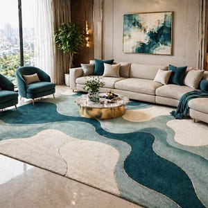 Dywan wełniany w kolorze turkusowo-niebieskim, abstrakcyjny, o organicznym kształcie, ręcznie tuftowany, nowoczesny wystrój