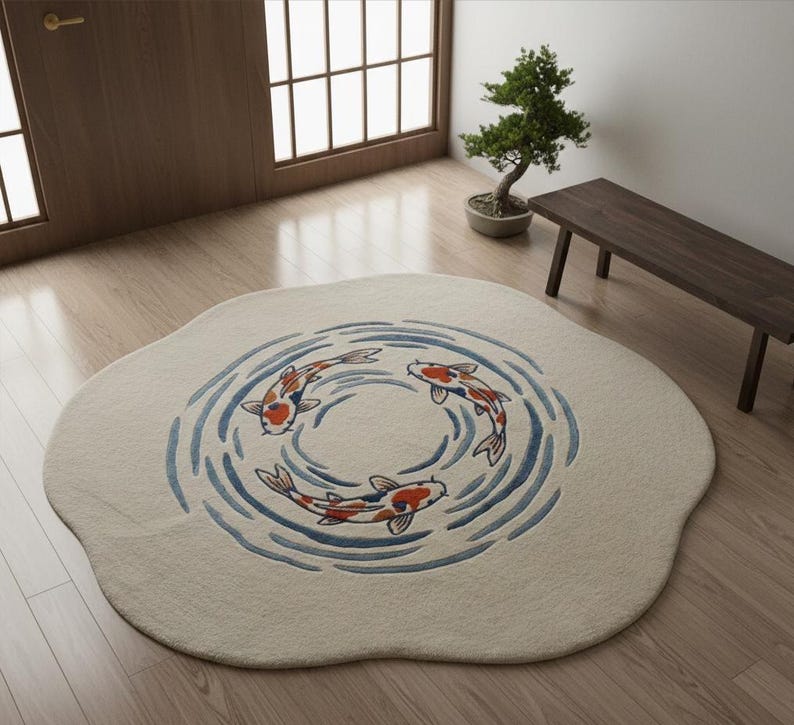 May include: A round, off-white rug featuring a koi fish design. Three orange and white koi fish swim in a circle within blue water ripple patterns. The rug has a unique, organic shape, adding a touch of nature to any room.
