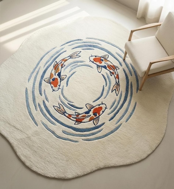 Hand Tufted Wool Koi Fish Rug, Japanese Inspired Organic Shape Carpet