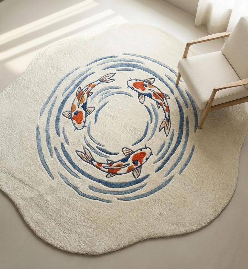 May include: A round, off-white rug featuring a koi pond design. Three koi fish in orange, white, and black swim in a circle within blue water lines. The rug has a soft, textured appearance and a unique, irregular edge.