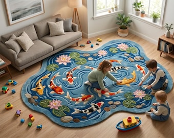Hand Tufted Koi Fish Pond Wool Rug, Japanese Inspired Irregular Area Carpet