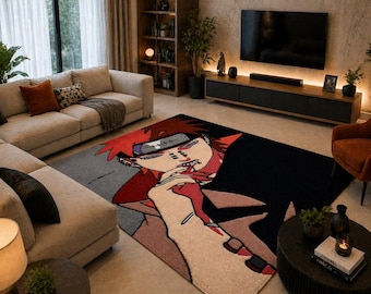 Anime Character Hand Tufted Rug, Red Black Manga Carpet, Otaku Room Decor